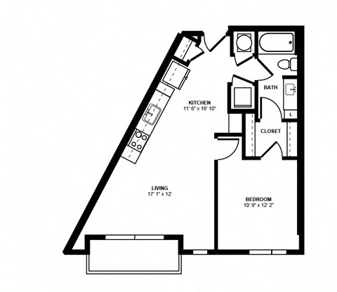 Floor plan for 1 bed, 1 bath, 693 sqft